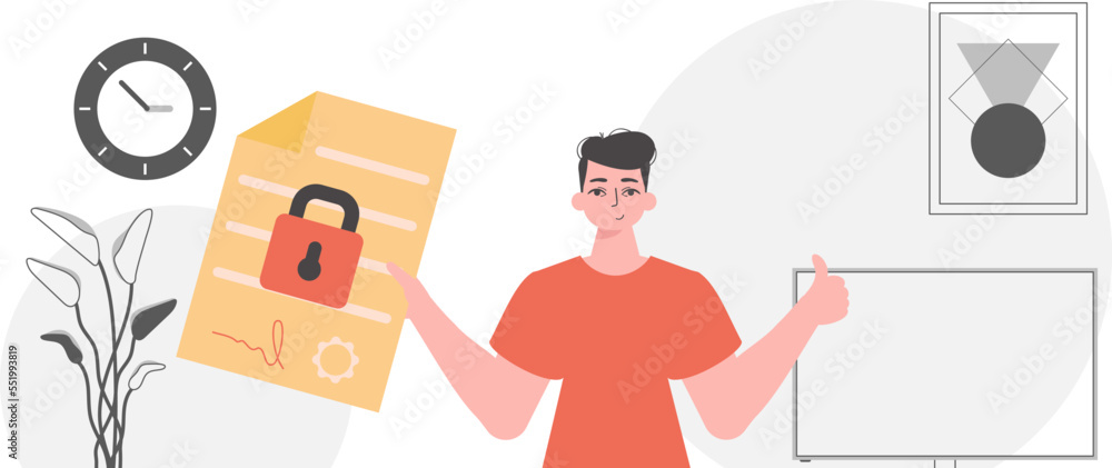 Smart contract concept. Data protection. The man is holding a document. Smart contract concept. Data protection. The man is holding a document.