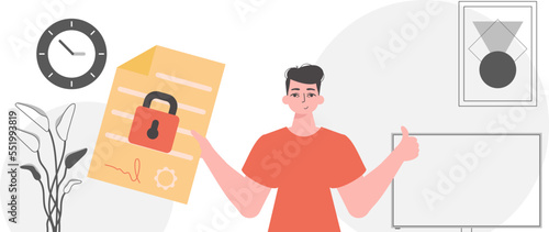 Smart contract concept. Data protection. The man is holding a document.