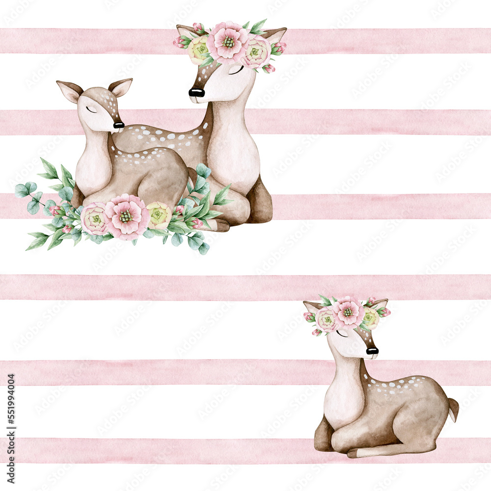 Watercolor seamless pattern with pink strips, deers and flowers ...