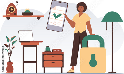 Smart contract concept. Data protection. A man is holding a contract or document. Modern trendy style.