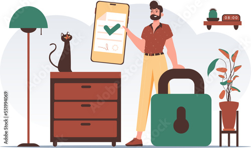 Smart contract concept. Data protection. A man holds a contract in his hand. Modern style character.