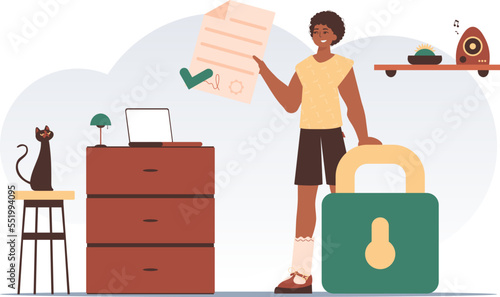 Smart contract concept. Data protection. A man holds a contract in his hand. Trend style character.