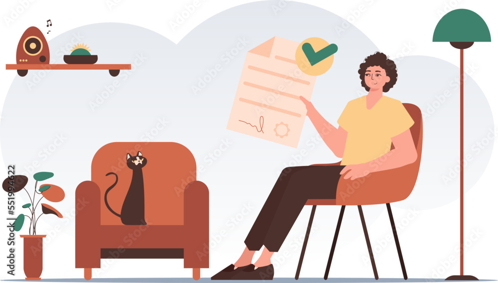 Data protection concept. Smart contract. The guy sits in a chair and holds a document in his hands. Trend style character. Data protection concept. Smart contract. The guy sits in a chair and holds a document in his hands. Trend style character.