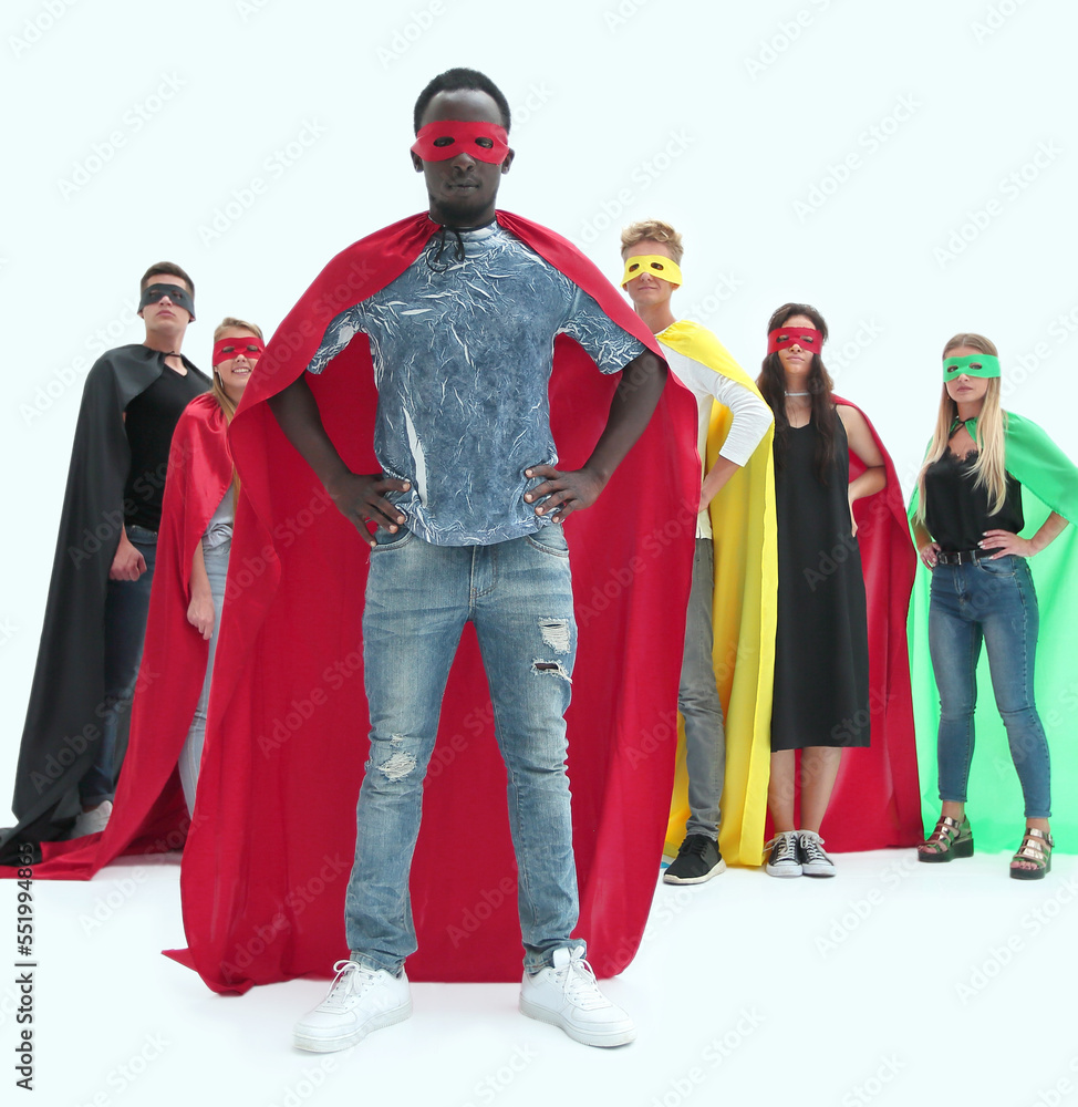 stylish guy in a superhero Cape standing in front of his team