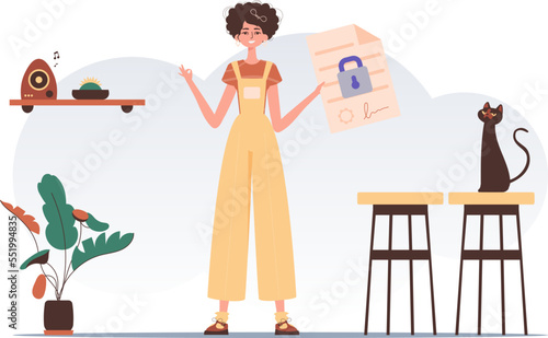 Data protection concept. Smart contract. The woman is holding a document. Trend style character.