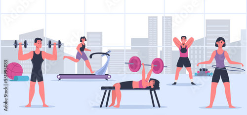 People in gym. Man and woman having sport training with different equipment. Female and male characters having fitness