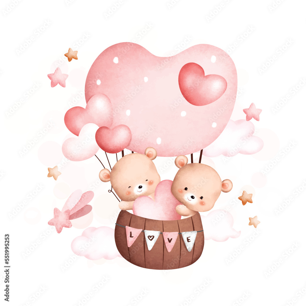 Watercolor Illustration Cute couple bears in hot air balloon Watercolor Illustration Cute couple bears in hot air balloon