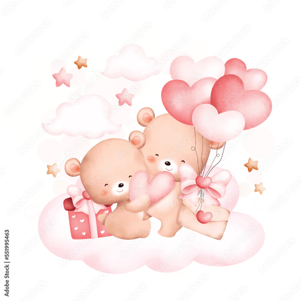 Watercolor Illustration Cute couple bears on cloud 