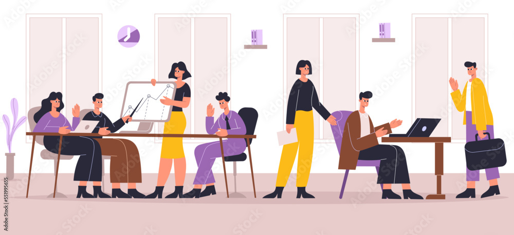 Fototapeta premium Professional teamwork. Busy employees working at office. Colleague sitting at desk and having brainstorming