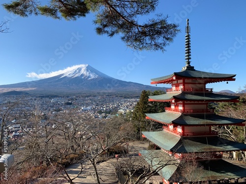 Pagoda in the foreground with Mount Fuji in the background.