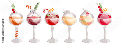 A set of Christmas glass balls with cocktails.Cocktail with raspberries, champagne with strawberries, mimosa, gin and tonic with cranberries, martini.Christmas decorations with cocktails inside.
