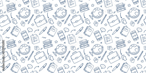 Vector education illustration with book and globe on white color background. Flat line art design of seamless pattern with phone and business case