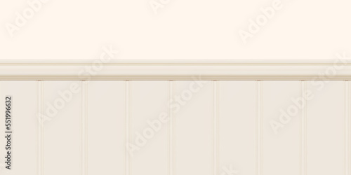 Beige beadboard or wainscot with top chair guard trim seamless pattern on light wall. Wood or gypsum embossed baseboard or skirting under vintage wall panels. Vector illustration
