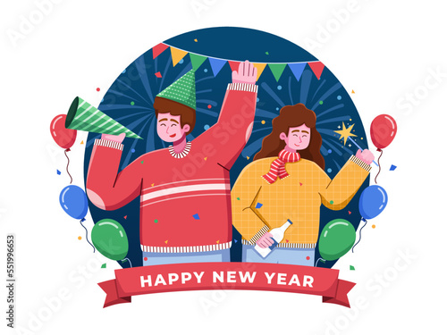 Couple celebrate new year party with  happiness and joy.
Cartoon illustration happy new year 2023.
Welcome new year with a party with friends.
Suitable for greeting card, poster, banner, web, etc