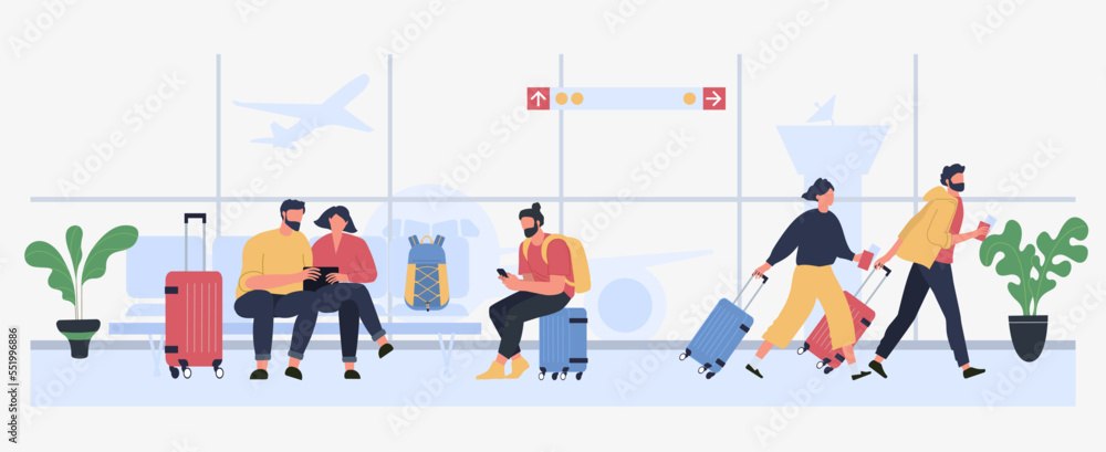 Fototapeta premium Tourists in airport. People traveling with luggage, couple sitting with baggage and waiting for flight. Man and woman with passport