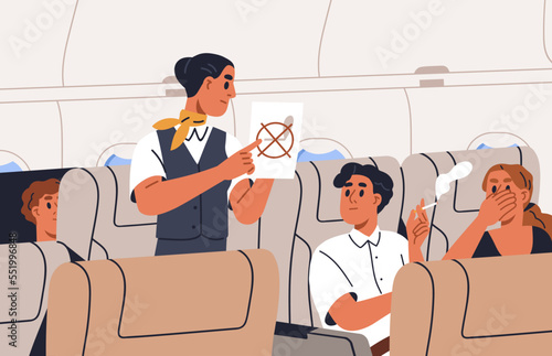 Stewardess ask passenger stop smoking in airplane on board. Flight attendant talking to smoker with cigarette, solving problem with bad behavior, breaking rules in air plane. Flat vector illustration