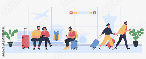 Tourists in airport. People traveling with luggage, couple sitting with baggage and waiting for flight. Man and woman with passport