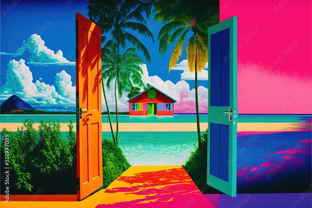 Fototapeta premium Beach house interior with wide open doors and windows with a view over the beach and summer ocean. Tropical paradise vacation in vibrant colorful pop art.