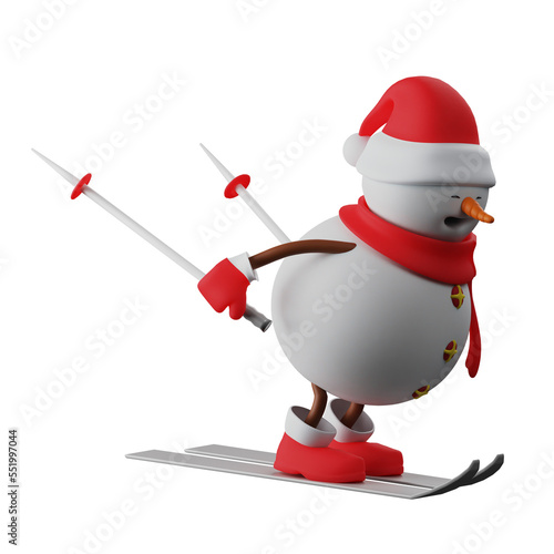 3D illustration. Winter Skiing 3D Snowman Cartoon Character. showing cool moves while skiing. body slightly bent. 3D Cartoon Character