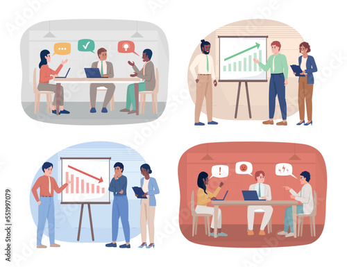 Business discussions 2D vector isolated illustrations set. Corporate strategy flat characters on cartoon background. Colorful editable scenes pack for mobile, website, presentation