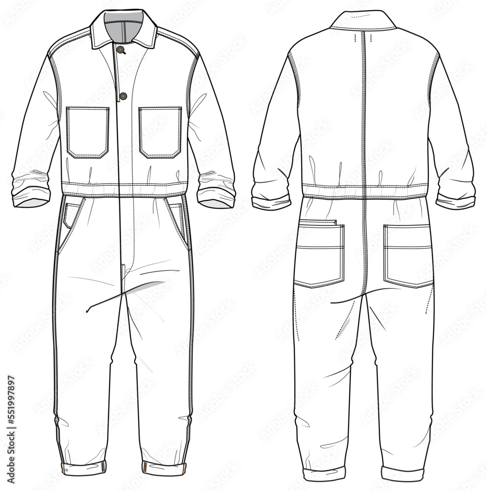 Mechanic Coveralls flat sketch fashion illustration technical drawing