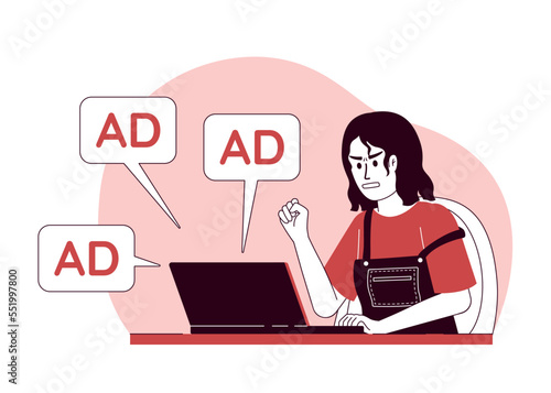 Woman stressed by annoying ads 2D vector isolated linear illustration. Thin line flat character on cartoon background. Colorful editable scene for mobile, website, presentation. Quicksand font used