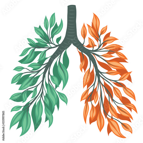 Vector illustration of human lungs from green and orange leaves and branches. Withering health. Old human organ. Save the earth.