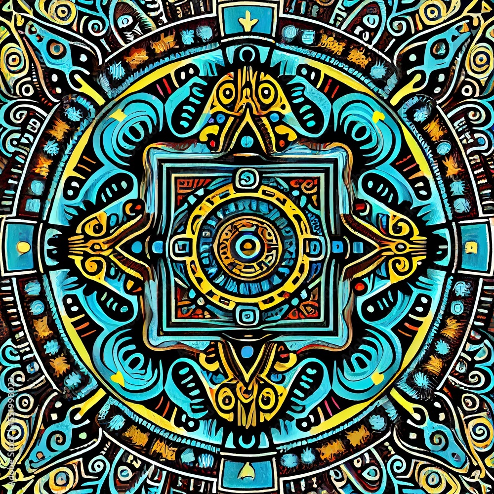 Vintage Mayan Aztec geometric traditional pattern with blue elements.