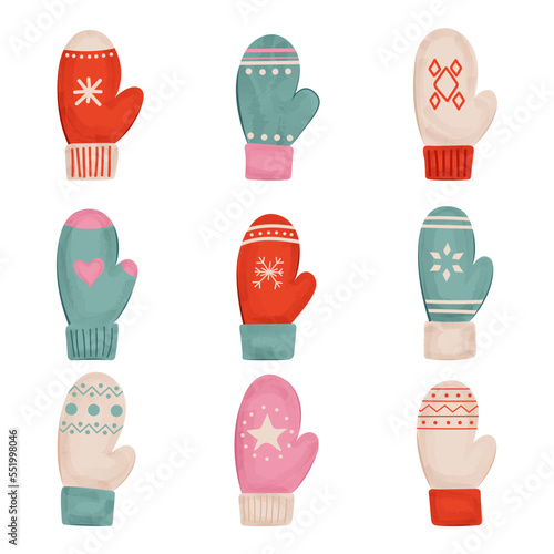 vector set of mittens with watercolor effect