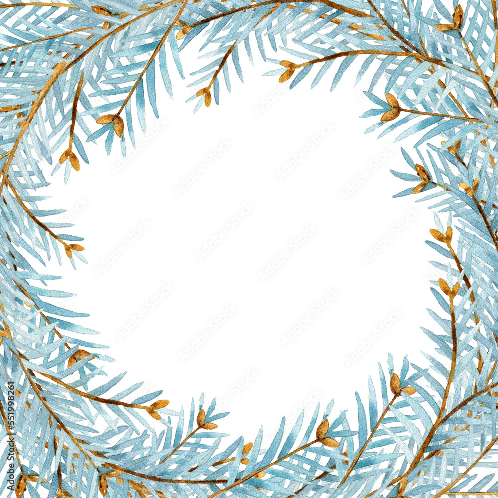 Christmas square frame with hand drawn watercolor blue fir branches. Christmas square frame with hand drawn watercolor blue fir branches.