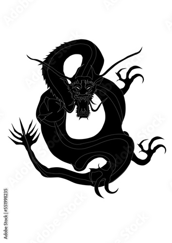Dragon entier en noir et lignes blanches, tenant une sphère, avec beaucoup de travaille graphique lui conférant beaucoup d'originalité.