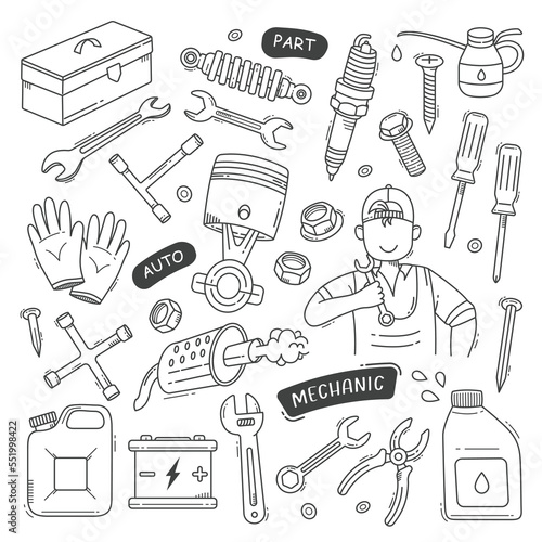 Mechanics tools and equipments doodle hand drawn vector illustration