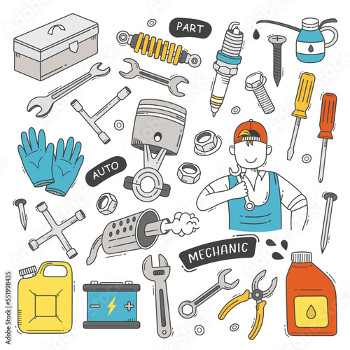 Mechanics tools and equipments doodle hand drawn vector illustration