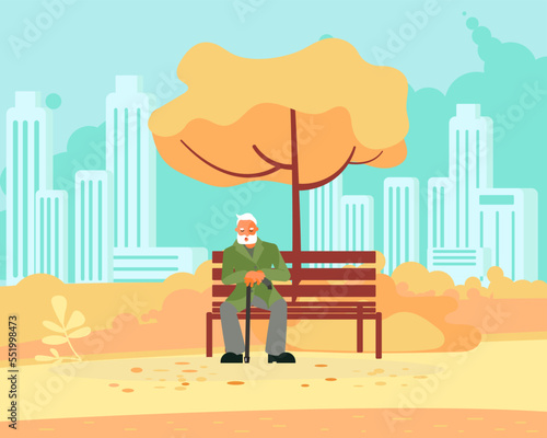 Alone grandpa sitting on bench under tree in autumn city park.