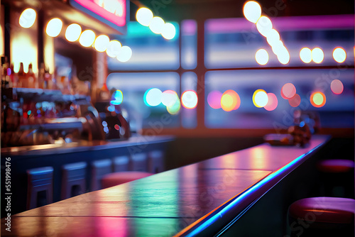miami bar background with empty wooden table for product display, indoor blurred background, colorful rainbow color bokeh lights, copy space, LGBT Pride. Rainbow flag, symbol gays and lesbians LGBT, L