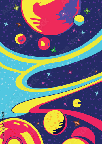 Outer space background. Cosmos scenes with planets, stars, comets. Vector illustration of galaxy.
