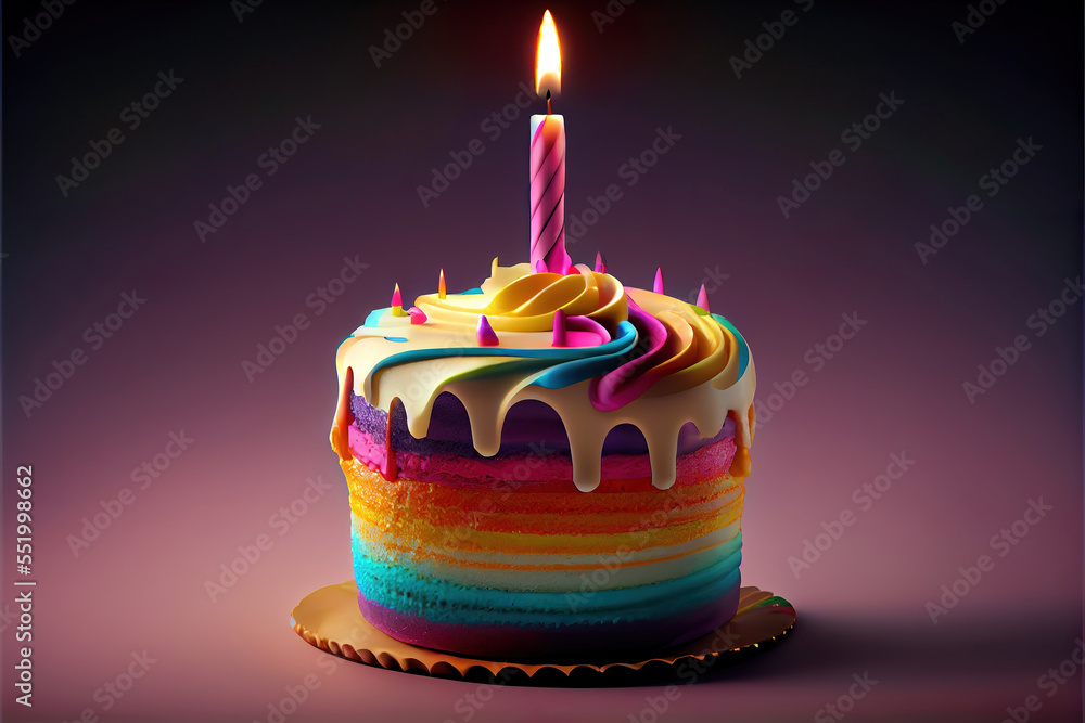 Illustrazione Stock tasty delicious birthday cake with one candle | Adobe  Stock