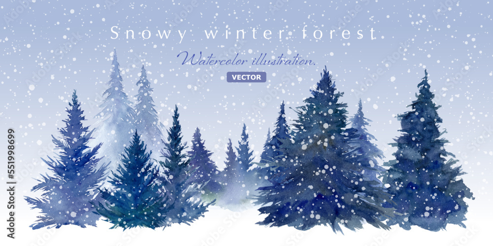 雪が降る針葉樹林の水彩イラスト。クリスマスシーズン背景。（ベクター。レイアウト変更可能）

