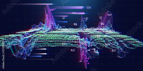 Abstract  background contain color wireframe and blurred data lines on dark.  Technology 3d wireframe polygonaly concept in virtual space. Big Data.  Banner for business, science and technology . photo