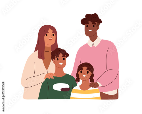 Family with children portrait. Happy international parents, kids. Mother, father, daughter and son of different race. Interracial mom, dad. Flat vector illustration isolated on white background