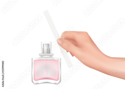 Perfume tester in hand. Holding white blank paper template, vector realistic illustration of female hand with scent sample. Woman wrist with manicure. Glass bottle of the perfume, pink aroma liquid.