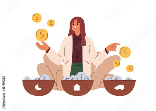 Financial concept of budget planning, diversification, money expenses distribution. Assets allocation, savings, personal finance management. Flat vector illustration isolated on white background