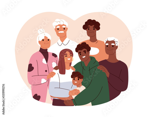 Happy big family portrait. Multiracial people of different generation, senior and young age together. Grandparents, parents, child reunion. Flat vector illustration isolated on white background