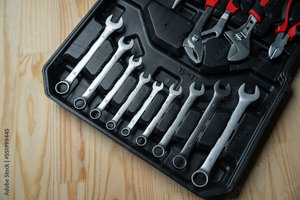 Fototapeta premium Set of wrenches, tools, industrial equipment, mechanical repair, workshop, car mechanic, steel, background and handyman, machines who need these tools.