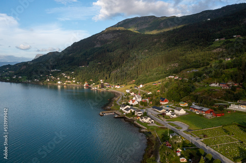aerial view of a norwegian village at the Sognefjord