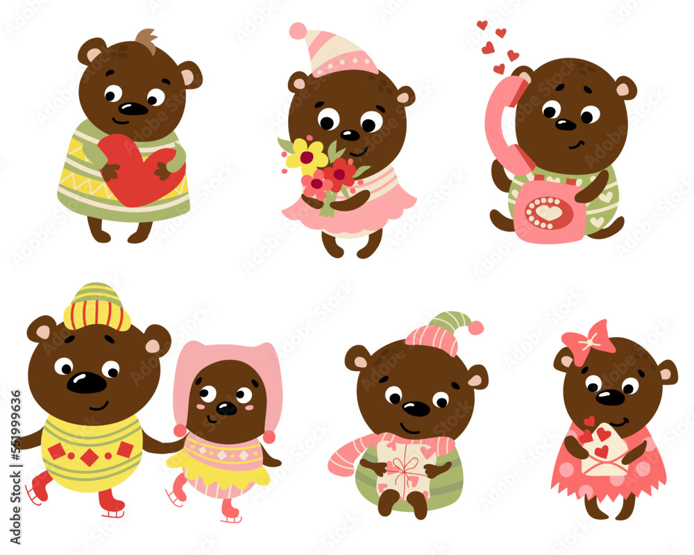 Set of Valentine Bears. Drawn style. White background, isolate. Vector illustration. Set of Valentine Bears. Drawn style. White background, isolate. Vector illustration.