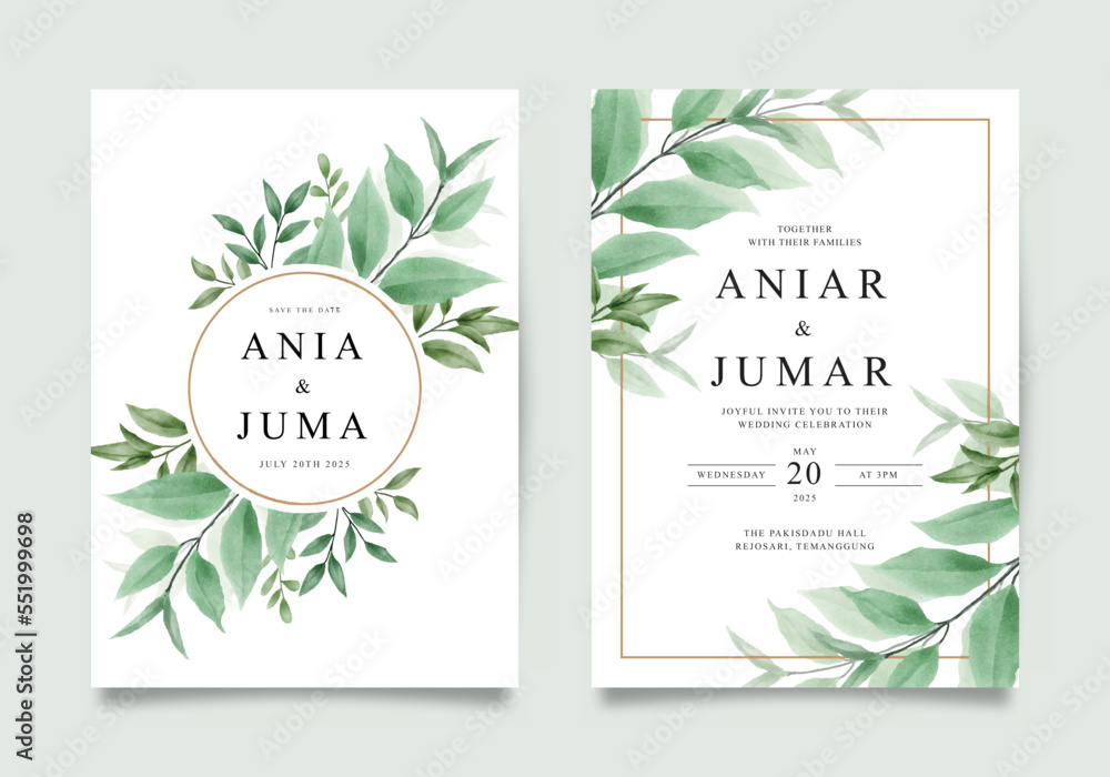 Elegant wedding invitation template with watercolor green leaves