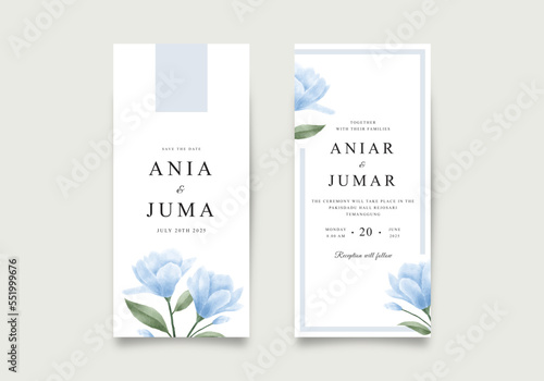 Elegant wedding invitation card with watercolor blue flowers
