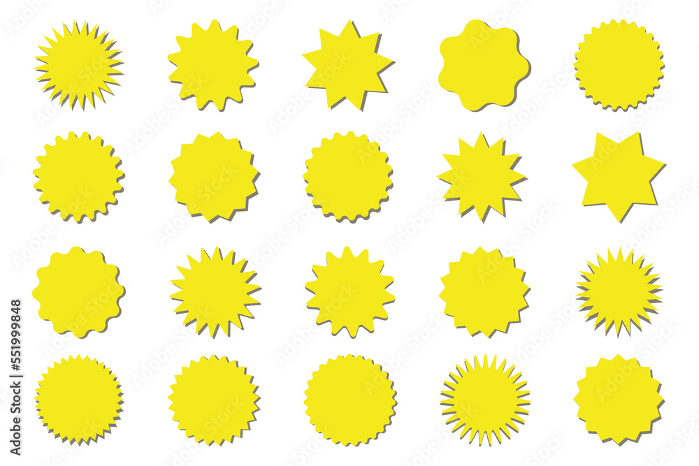 Starburst yellow sticker set - collection of special offer sale round shaped sunburst labels and badges isolated on white background. Circle stickers or buttons in form of star for promo advertising. Starburst yellow sticker set - collection of special offer sale round shaped sunburst labels and badges isolated on white background. Circle stickers or buttons in form of star for promo advertising.