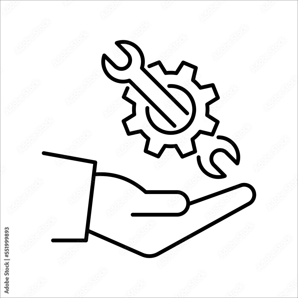 Mechanic gear service hand line icon. Setting and support concept. Vector illustration on white background. Mechanic gear service hand line icon. Setting and support concept. Vector illustration on white background.